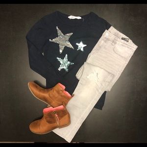 Girls navy sequins gray jean brown booties set